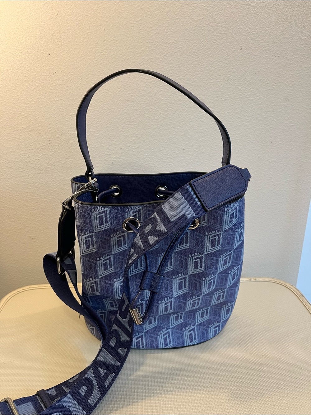 NWT Karl Lagerfeld Navy Patterned Logo Bucket Two Way Bag